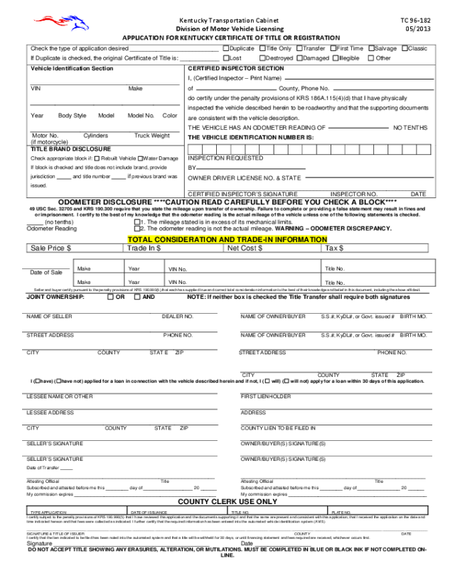 Car Registration Form - Kentucky