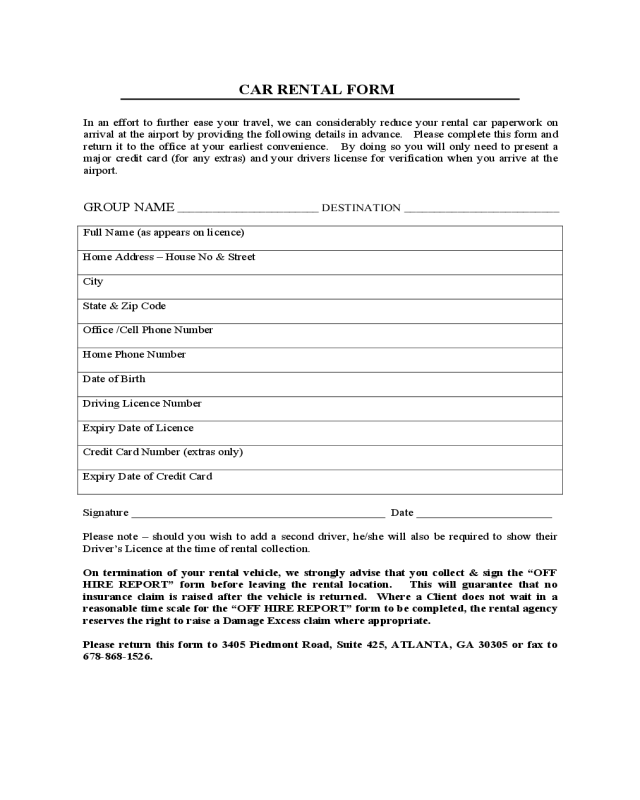 Car Rental and Lease Sample Form