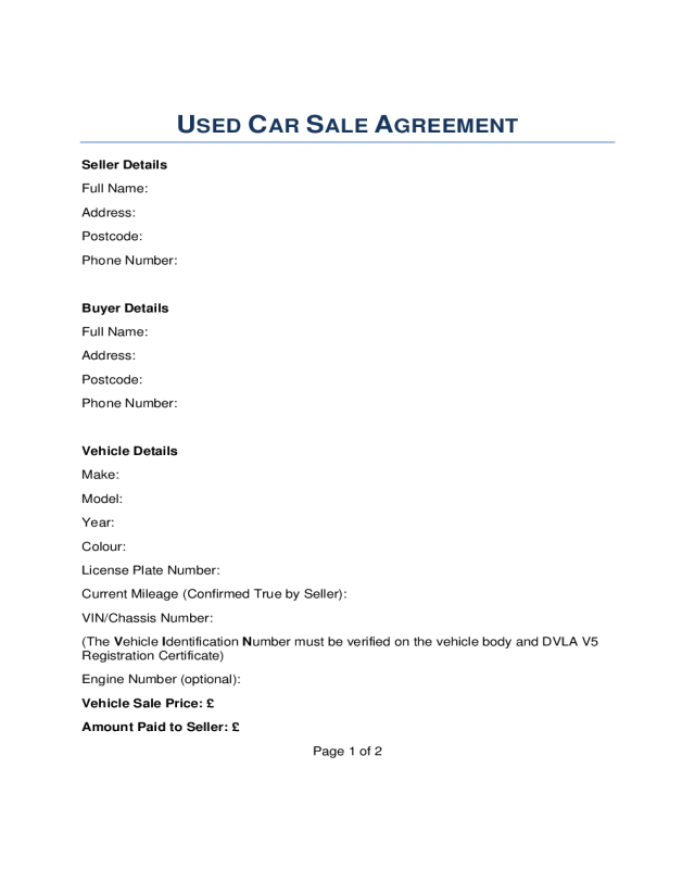Car Sale Contract Form - London