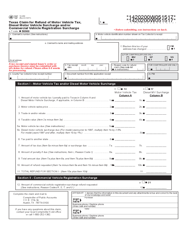 Car Tax Refund Form - Texas