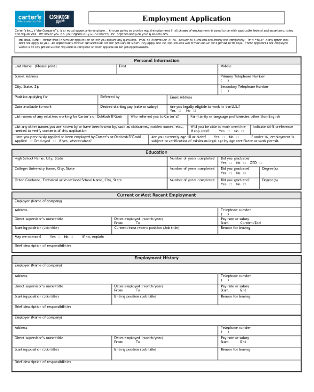Carter's Application Form