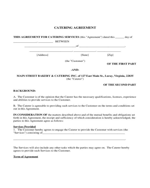 Catering Contract Form - Virginia