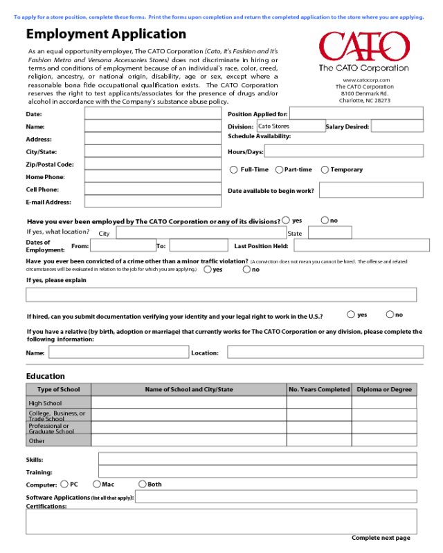 Cato Application Form