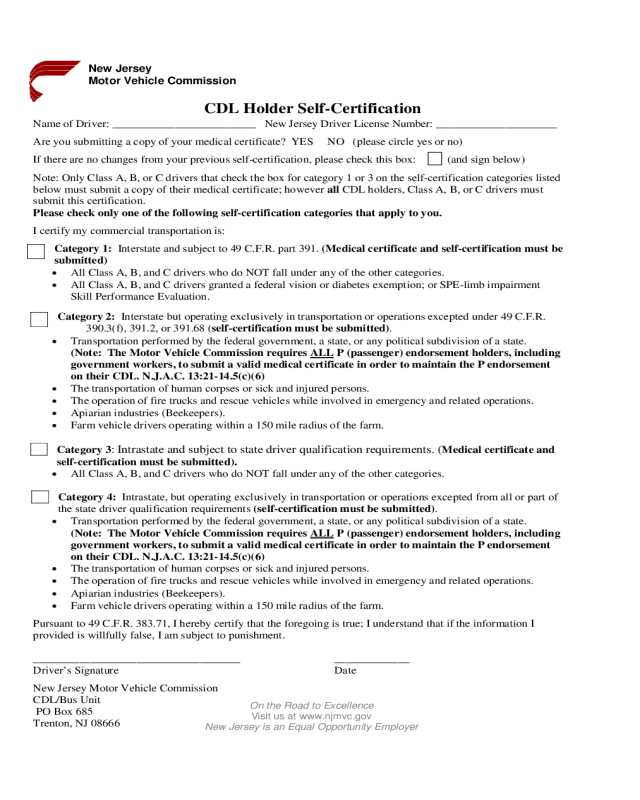 CDL Holder Self-Certification - New Jersey