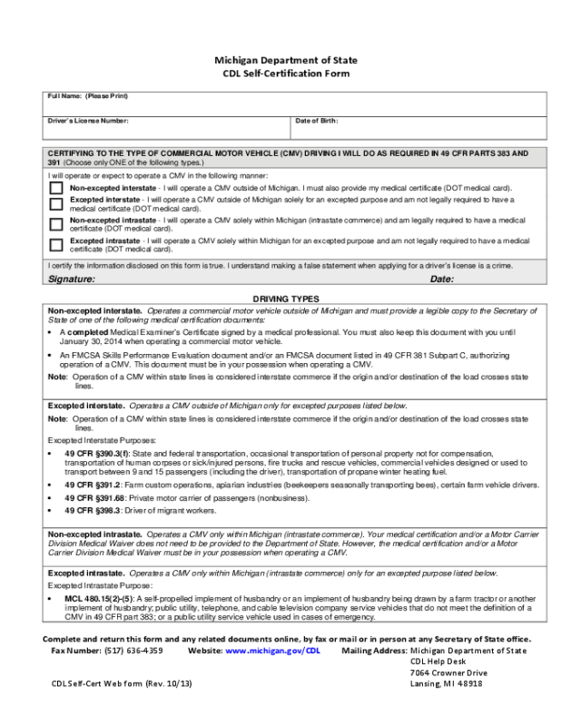 CDL Self-Certification Form - Michigan