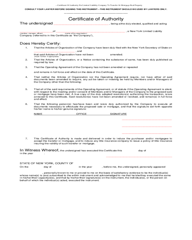 Certificate of Authority for Limited Liability Company
