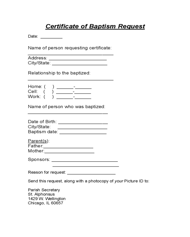 Certificate of Baptism Request - Chicago
