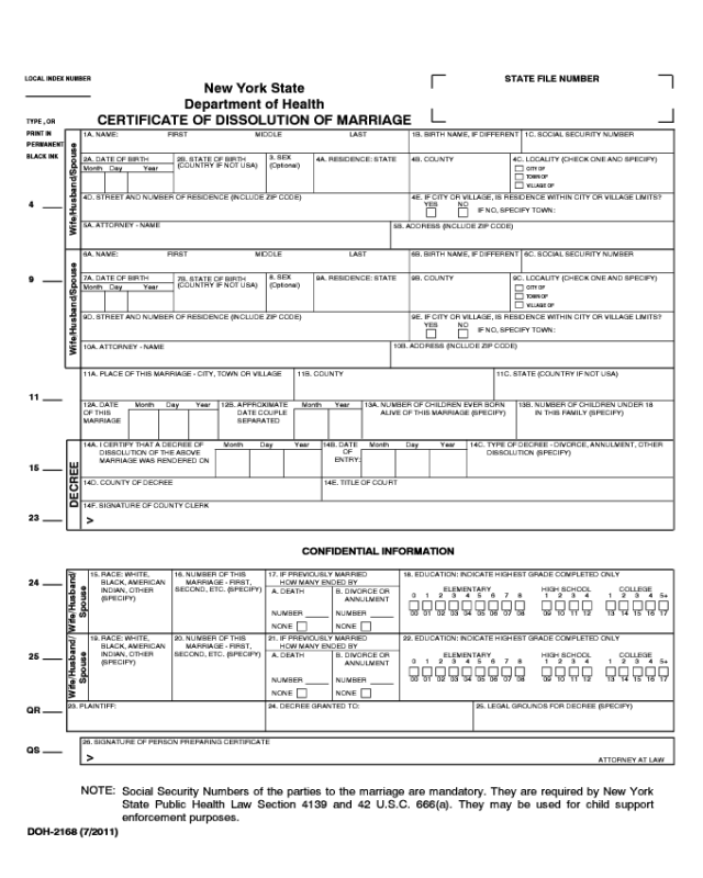 Certificate of Dissolution of Marriage - New York State