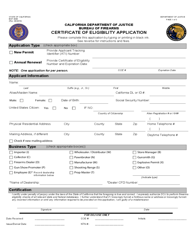 Certificate of Eligibility Application - Califonia