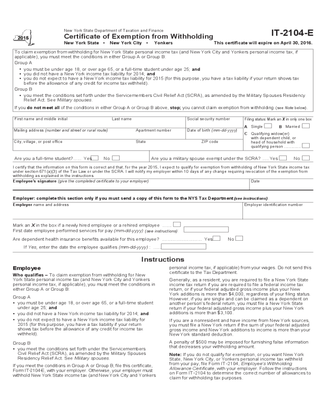 Certificate of Exemption from Withholding - New York