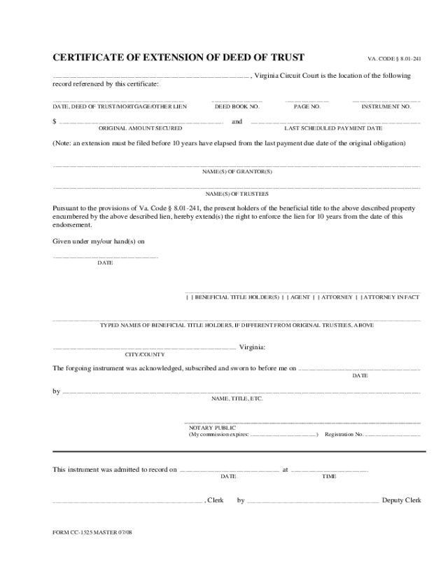 Certificate of Extension of Deed of Trust - Virginia