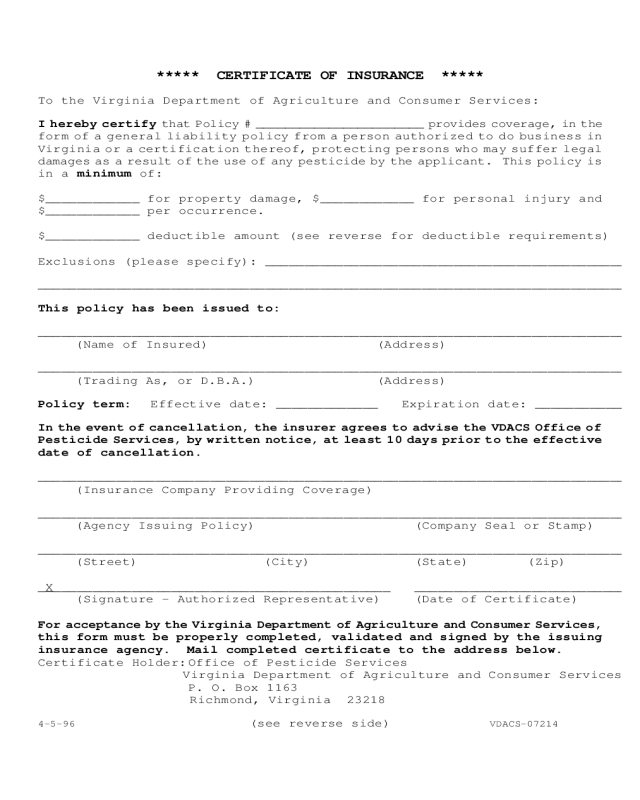 Certificate of Insurance Form - Virginia