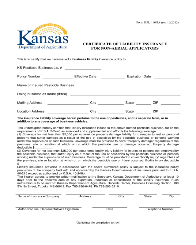 Certificate of Liability Insurance Form - Kansas