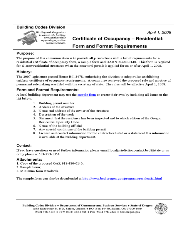 Certificate of Occupancy -Residential :Form and Format Requirements