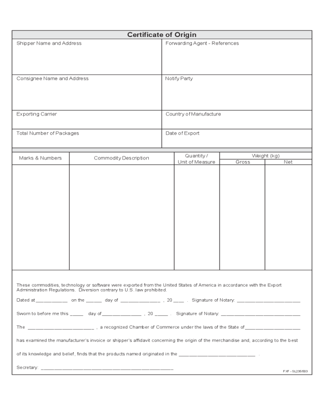Blank Certificate Of Origin Template