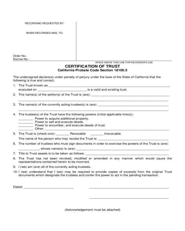 Certification of Trust Sample Form