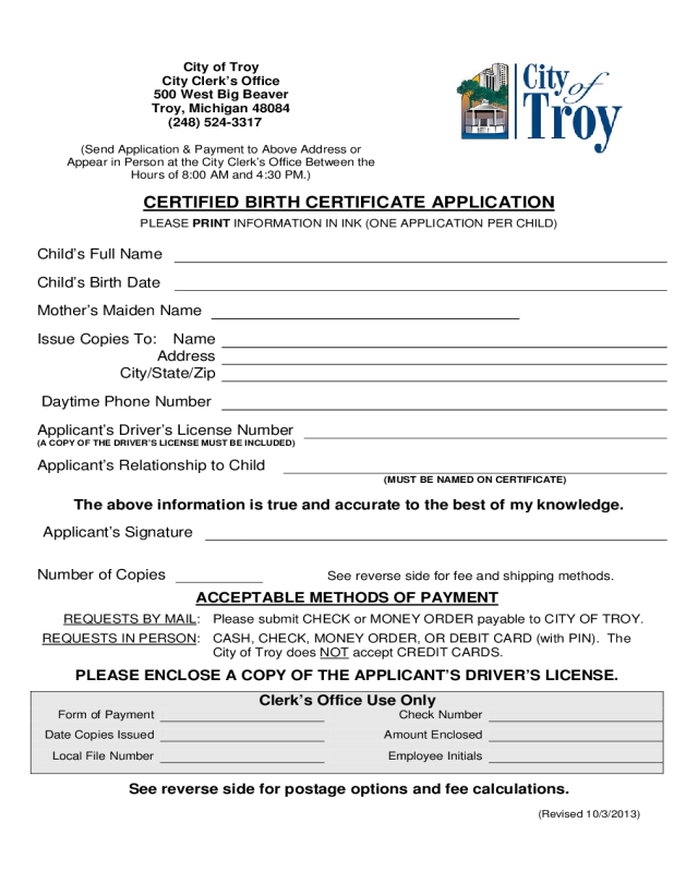 Certified Birth Certification Application - City of Troy