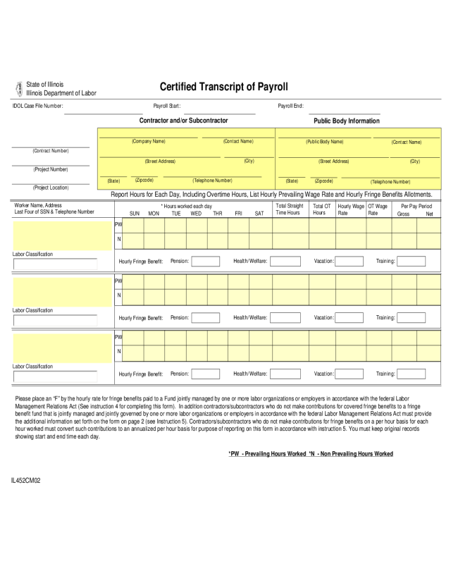Certified Transcript of Payroll - Illinois
