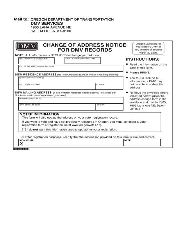 Change of Address Notice for DMV Records - Oregon
