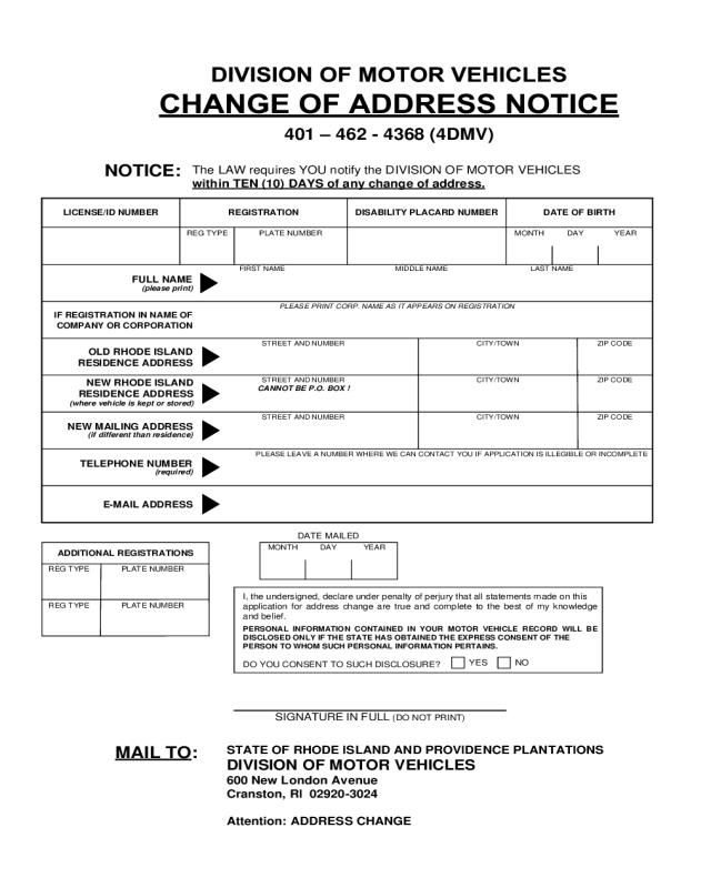 Change of Address Notice - Rhode Island