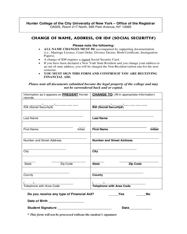 Change of Name, Address, or ID Form - Hunter College of the City University of New York