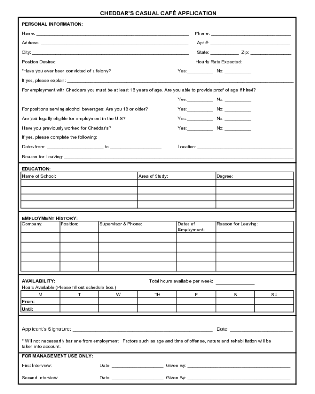 Cheddar's Application Form