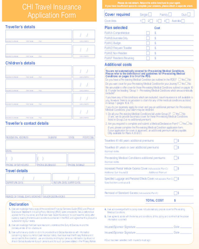 CHI Travel Insurance Application Form
