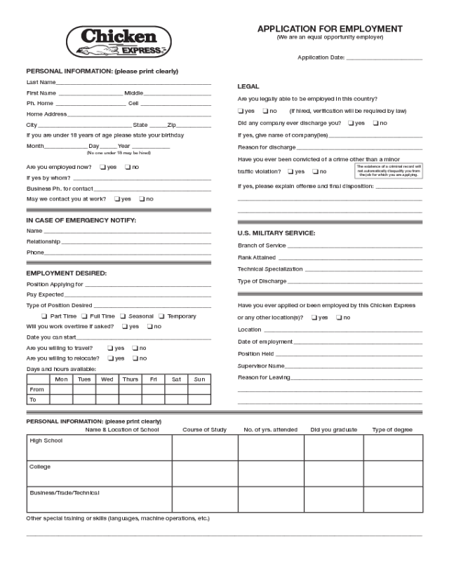 Chicken Express Application Form