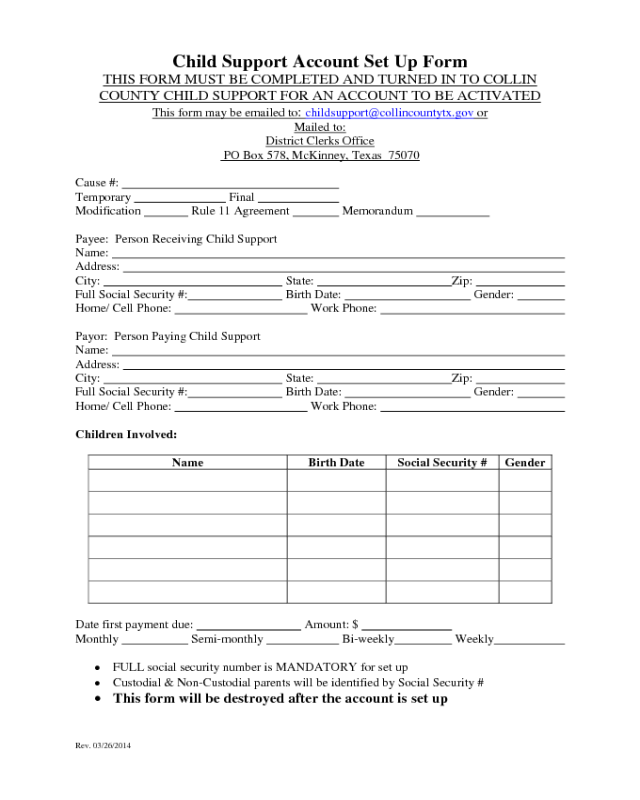 Child Support Account Set Up Form - Texas