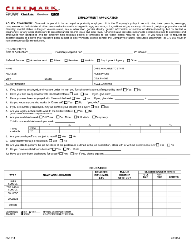 Cinemark Application Form