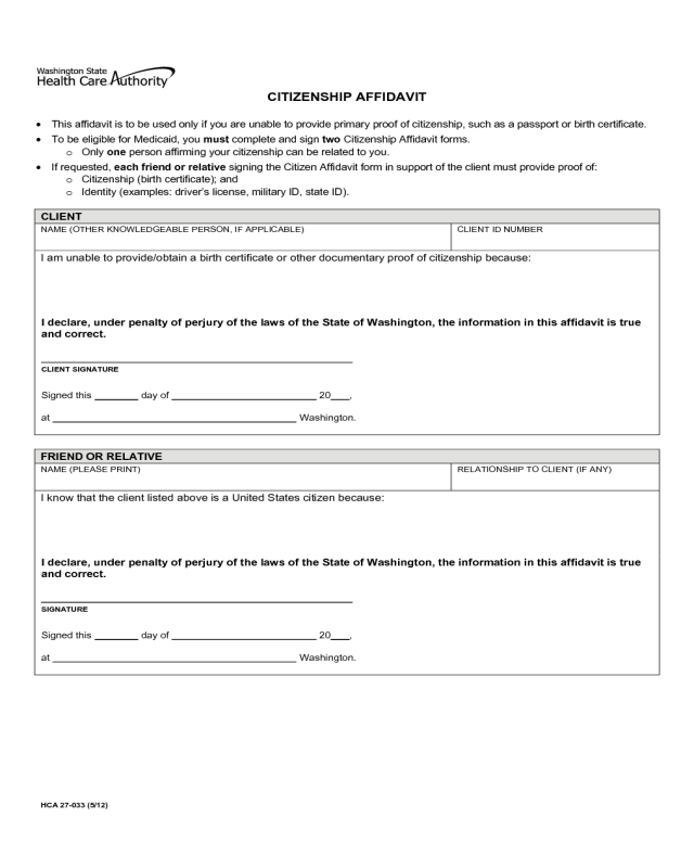 Citizenship Affidavit Form - Washington