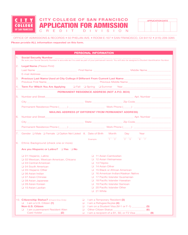 City College of San Francisco Application Form for Admission