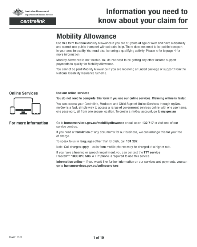 Claim for Mobility Allowance Form - Australia
