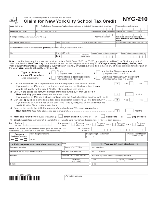 Claim for New York City School Tax Credit - New York