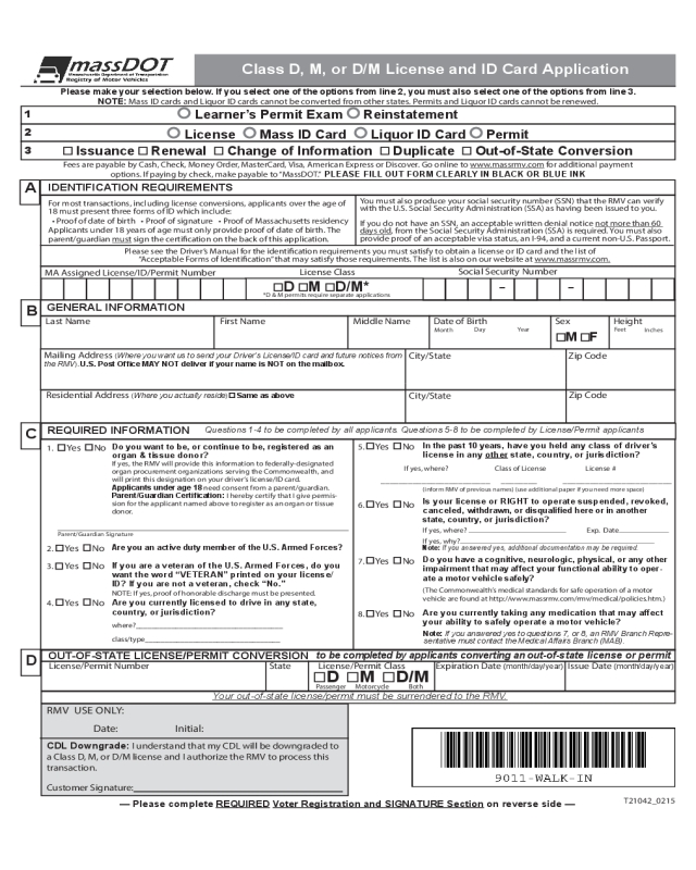 Class D, M, or D/M License and ID Card Application - Massachusetts