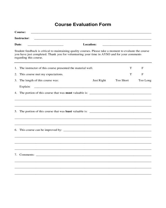 Class Evaluation Form Sample