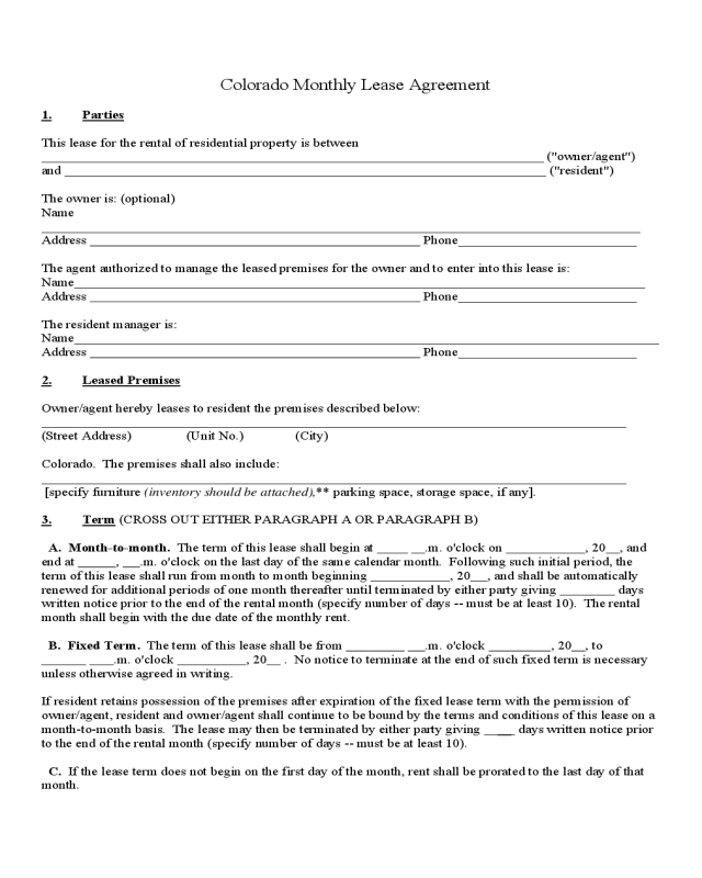 Colorado Month to Month Lease Agreement
