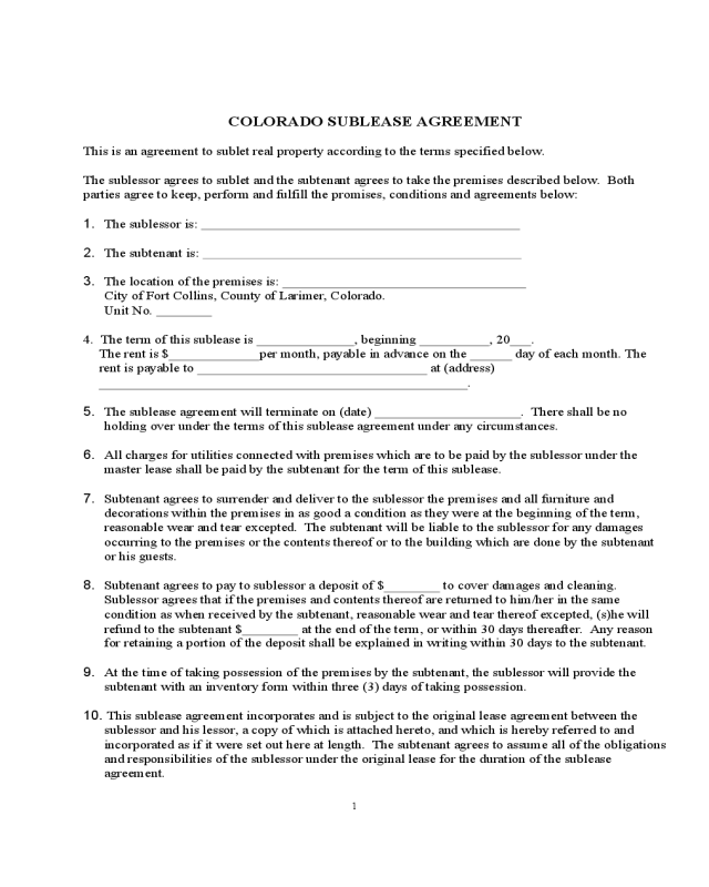 Colorado Standard Sublease Agreement