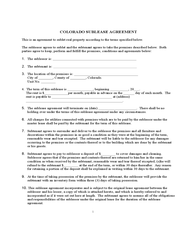Colorado Sublease Agreement