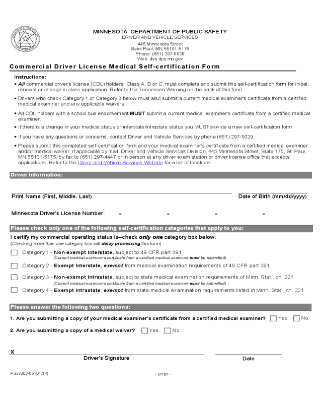 Commercial Driver License Medical Self-certification Form - Minnesota