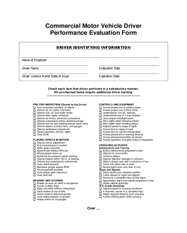 Commercial Motor Vehicle Driver Performance Evaluation Form