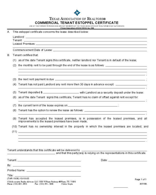 Commercial Tenant Estoppel Certificate -Texas