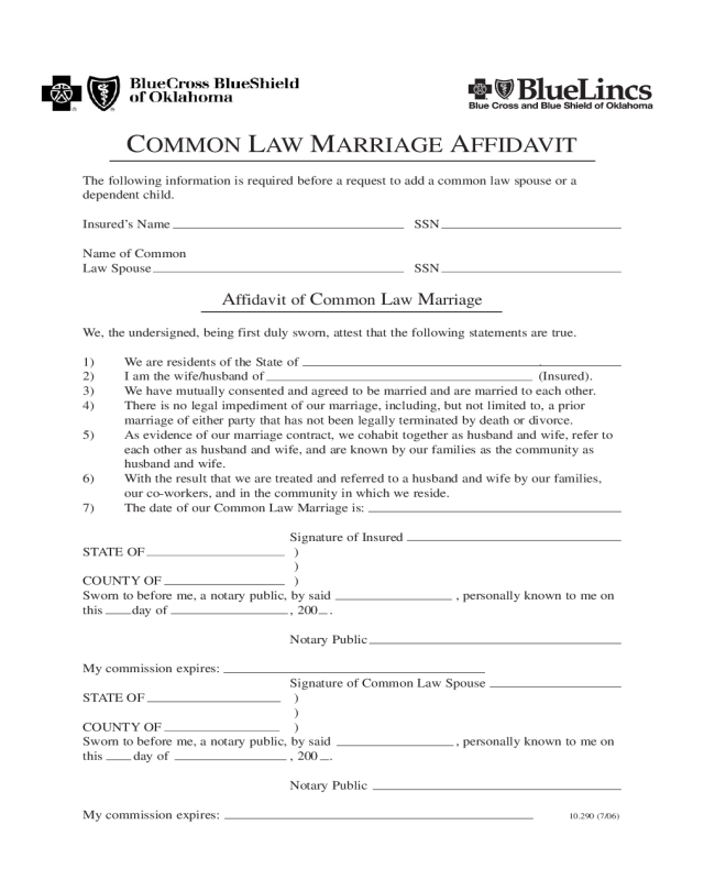 Common Law Marriage Affidavit - Oklahoma