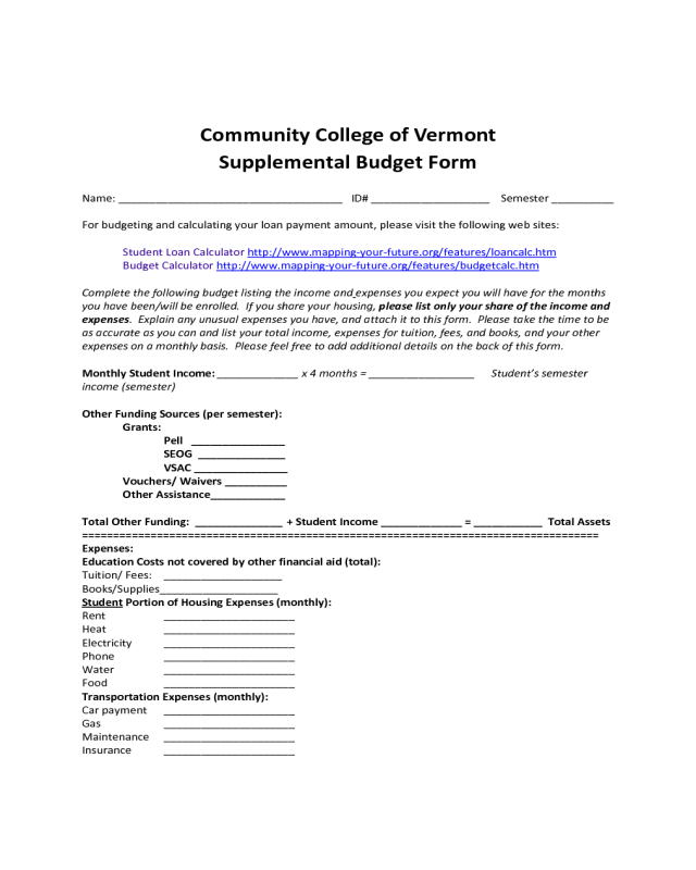 Community College of Vermont Supplemental Budget Form