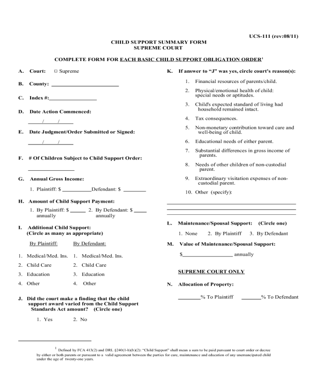 Complete Form for Each Basic Child Support Obligation Order - New York