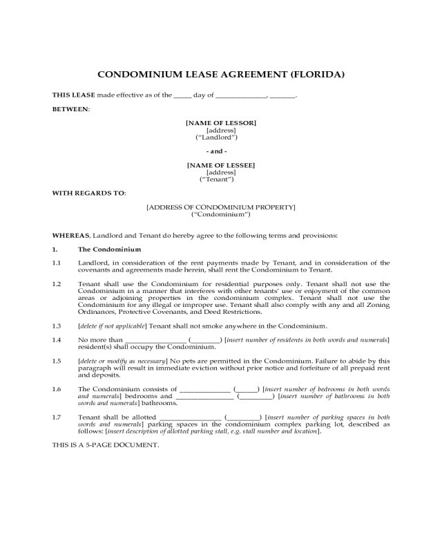 Condominium Lease Agreement - Florida