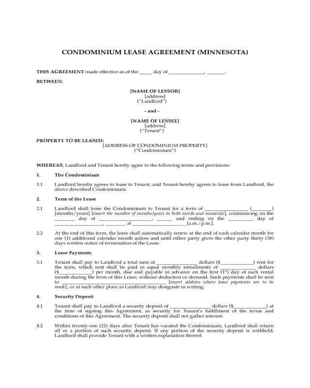 Condominium Lease Agreement - Minnesota