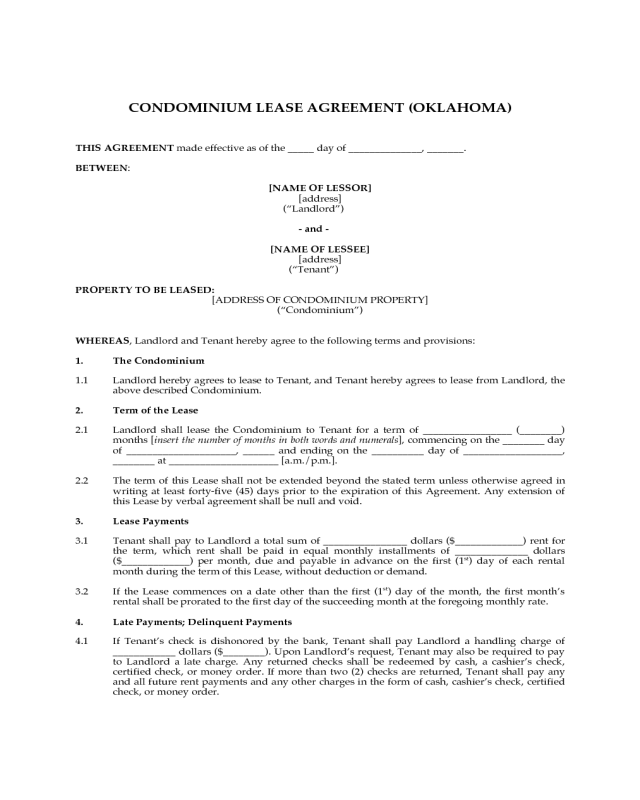 Condominium Lease Agreement - Oklahoma