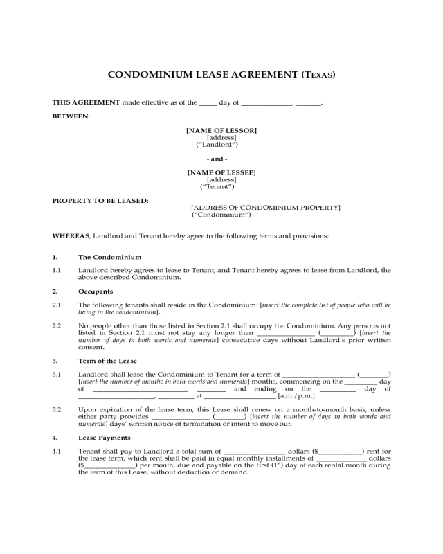 Condominium Lease Agreement - Texas