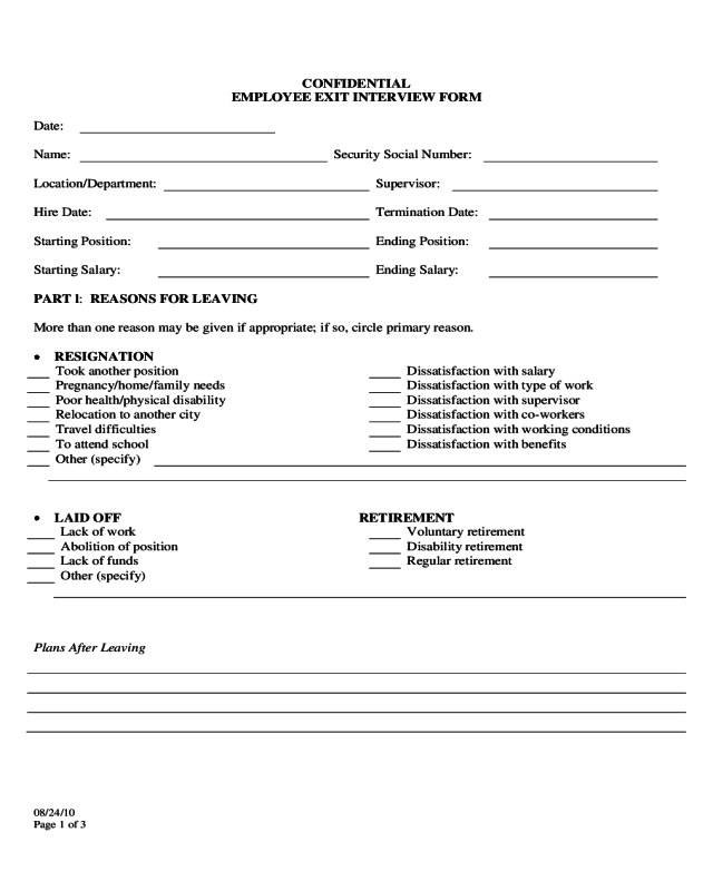 Confidential Employee Exit Interview Form
